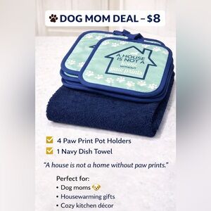 4 Paw Print Pot Holders and 1 Navy Towel Set
